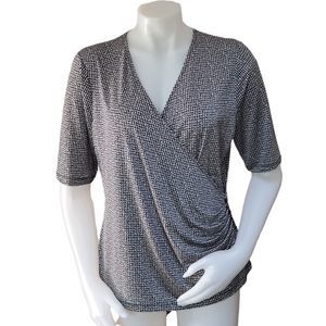 Jones New York Womens Black White Multi Faux Wrap Top Blouse Size Large